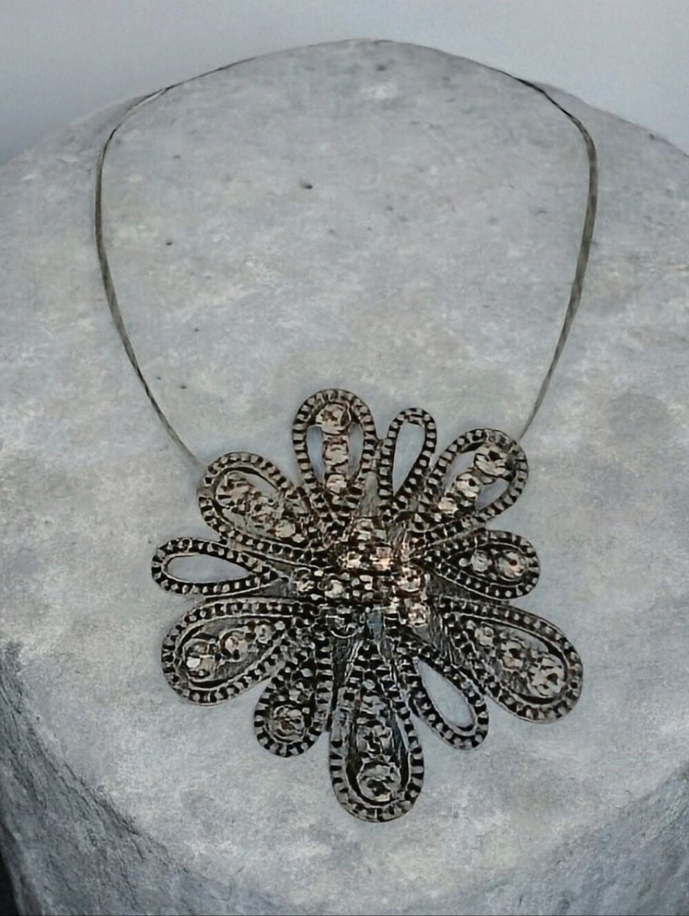 Vintage Chico's Gunmetal Tone Smoky Rhinestone Flower Pendant Multi Wire.